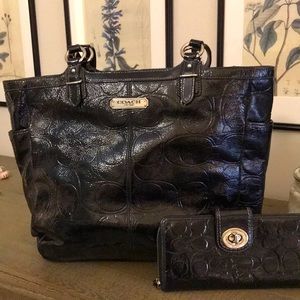 Coach black patent leather bag and wallet